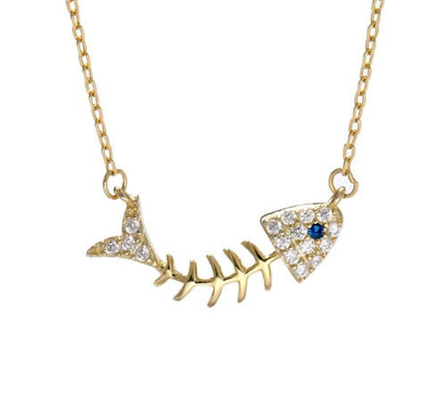 Fashion women fish skeleton pendant sterling silver zircon necklace